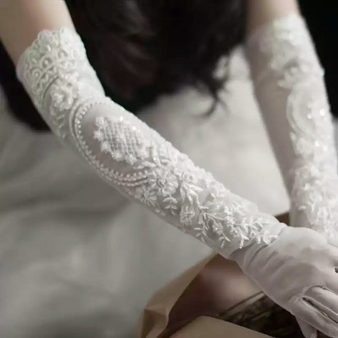 White Bridal Lace Gloves – Intricate Embroidered Long Wedding Gloves